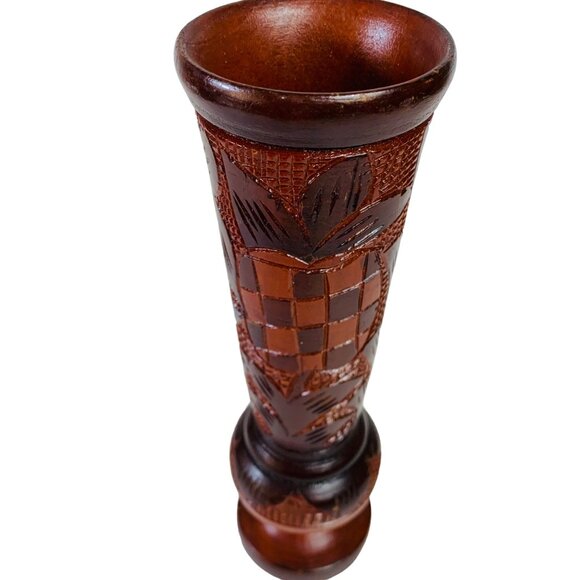 Carved Wooden Decorative Vases Rustic Floral Pineapple Checkered Boho Footed VTG - Picture 11 of 14
